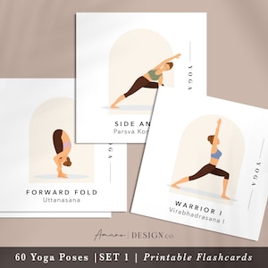 SET 1 Yoga Pose Flashcards | 60 Cards | English & Sanskrit | Printable/Digital PDF 3.5x3.5 in. | Lighter Tone