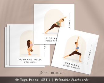 Yoga Pose Flashcards | Set 1 - 60 Cards | English & Sanskrit | Printable/Digital PDF 3.5x3.5 in. | Lighter Tone
