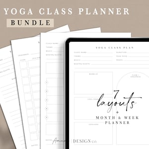 May include: A yoga class planner bundle with a minimalist design. The bundle includes several white pages with templates for class planning, including sections for class name, theme, music, and mantra. The text "Yoga Class Planner Bundle" is at the top.