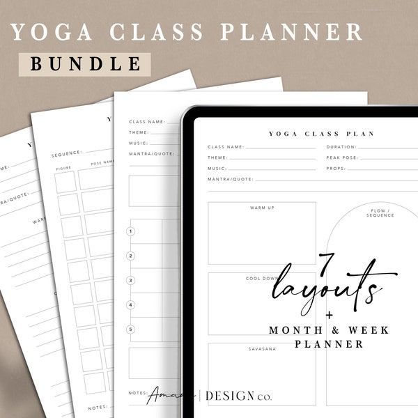 Yoga Teacher Class Planner Bundle | BW Outlined | 7 Layouts + Month & Week Planner | Printable/Digital PDF