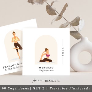 SET 2 Yoga Pose Flashcards | 60 MORE Cards | English & Sanskrit | Printable/Digital PDF 3.5x3.5 in. | Lighter Tone