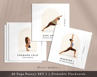 May include: Set of three printable yoga pose flashcards featuring a woman in three different poses: side angle, forward fold, and warrior I. The cards have a minimalist design with a light brown arch and the words "YOGA" and the name of the pose.