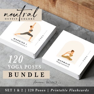 Yoga Pose Flashcards BUNDLE | 120 Cards - Sets 1 and 2 | English & Sanskrit | Printable/Digital PDF | Lighter Tone - NEUTRAL Outfit Colors