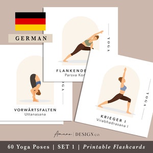 SET 1 Tarjetas didácticas de posturas de yoga en alemán / 60 tarjetas / Alemán y sánscrito / Imprimibles / PDF digital 3,5 x 3,5 pulgadas