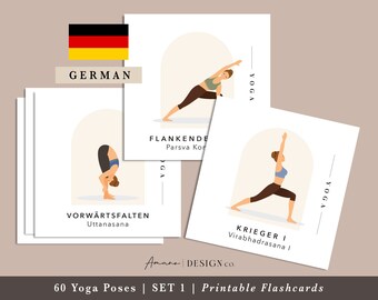 May include: Set of printable yoga pose flashcards in German. Each card features a woman in a different yoga pose with the name of the pose in German and English. The cards are designed with a minimalist aesthetic and feature a light brown background with a white arch.