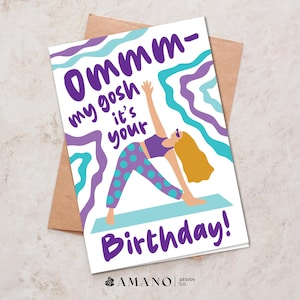 Yoga Happy Birthday Folded Card | Ommm My Gosh | Purple & Blue | 4x6 and 5x7 Printable/Digital PDF