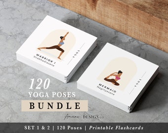 Paquete de tarjetas didácticas de pose de yoga / 120 tarjetas - Juegos 1 y 2 / Inglés y sánscrito / PDF imprimible/digital / Tono más oscuro