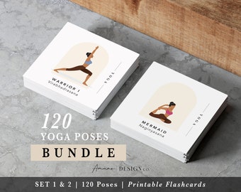Yoga Pose Flashcards BUNDLE / 120 carte - Set 1 e 2 / Inglese e sanscrito / PDF stampabile/digitale / Tono più scuro