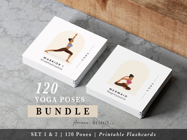 Yoga Pose Flashcards BUNDLE 120 Cards Sets 1 and 2 English & Sanskrit Printable/Digital PDF Darker Tone image 1