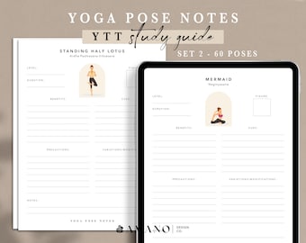 May include: A printable yoga pose notes study guide with a white background and black text. The guide includes a section for "Standing Half Lotus" and another for "Mermaid". Each section has fields for level, duration, benefits, cues, precautions, variations/modifications, and notes.