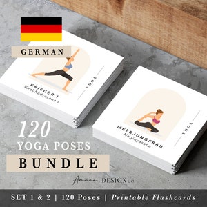 Duitse Yoga Pose Flashcards BUNDEL | 120 kaarten - sets 1 en 2 | Duits & Sanskriet | Afdrukbare/digitale PDF 3,5x3,5 inch.