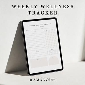 Può includere: Un tracker di benessere settimanale sullo schermo di un tablet. Il tracker include sezioni per elenchi, abitudini e monitoraggio dell'umore.