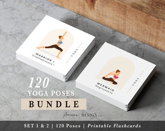 Yoga Pose Flashcards BUNDLE | 120 Cards - Sets 1 and 2 | English & Sanskrit | Printable/Digital PDF | Lighter Tone