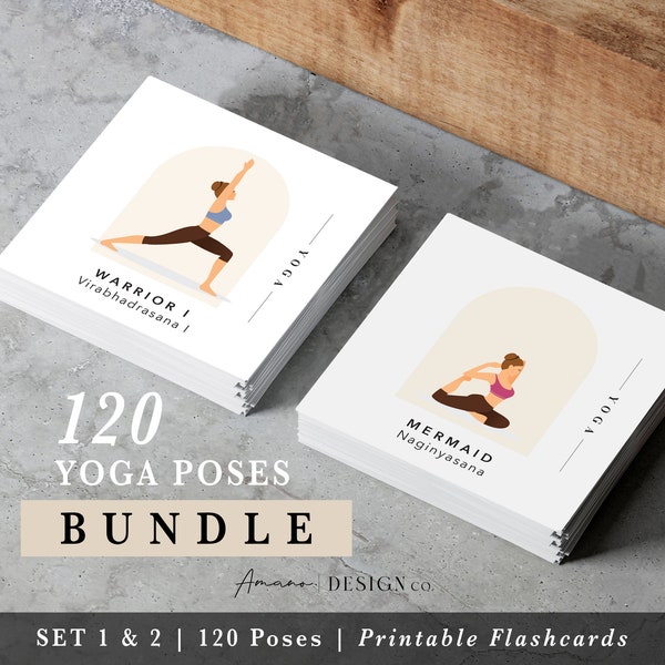 Yoga Pose Flashcards BUNDLE | 120 Cards - Sets 1 and 2 | English & Sanskrit | Printable/Digital PDF | Lighter Tone