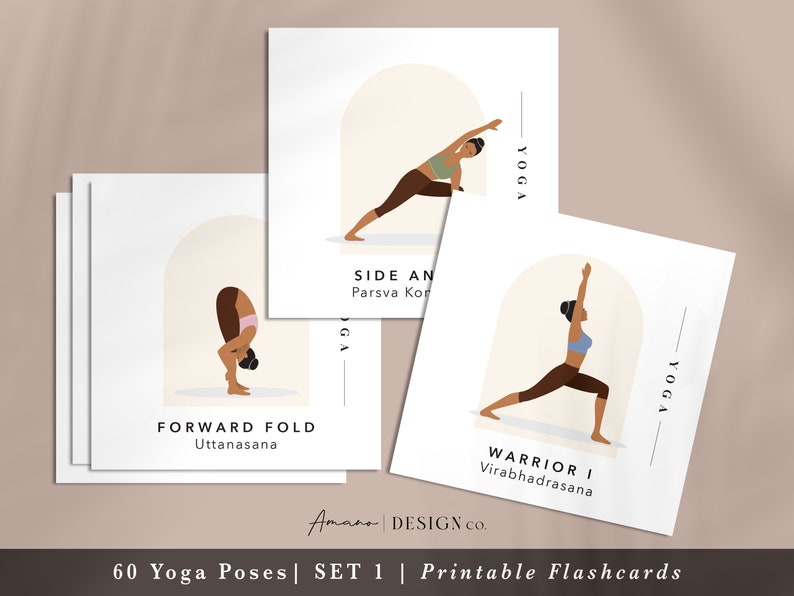 Yoga Pose Flashcards BUNDLE 120 Cards Sets 1 and 2 English & Sanskrit Printable/Digital PDF Darker Tone image 3