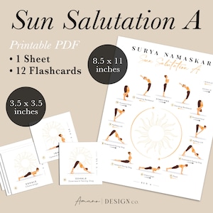 Saludo al sol de yoga A - Surya Namaskar / PDF imprimible/digital 3,5x3,5 pulgadas Tarjetas didácticas y hoja de 8,5x11 pulgadas