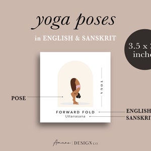 Yoga Pose Flashcards BUNDLE 120 Cards Sets 1 and 2 English & Sanskrit Printable/Digital PDF Darker Tone image 2