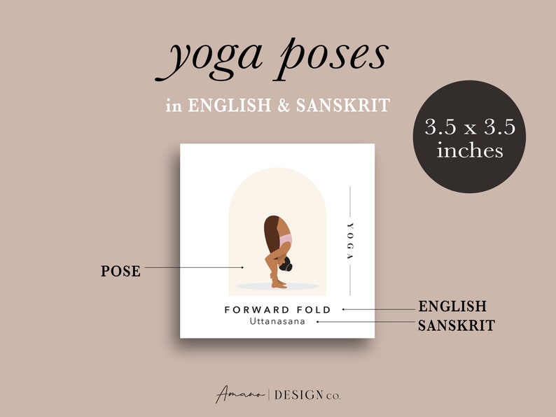 Yoga Pose Flashcards BUNDLE 120 Cards Sets 1 and 2 English & Sanskrit Printable/Digital PDF Darker Tone image 2