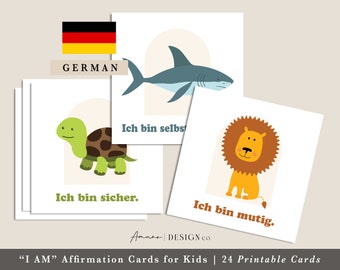 24 cartes d'affirmation « Je suis » pour enfants | 24 Affirmationskarten für Kinder « ICH BIN » | Druckbare/Digital Karten PDF 3,5 x 3,5 pouces