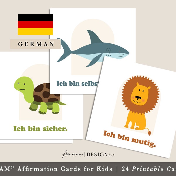 24 "I Am" Affirmation Cards for Kids | 24 "ICH BIN" Affirmationskarten für Kinder | Druckbare/Digitale Karten PDF 3.5x3.5 in.