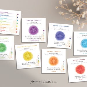 Cartes de yoga chakra | Sanskrit • Élément • Fréquence • Note | 8 cartes colorées | PDF imprimable/numérique