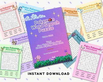 Pokémon Wortsuche Puzzle zum Ausdrucken, lustiges Spiel, Kinder Aktivitätsblatt, Denksportrolle, Sofortiger Download PDF, Mit Lösungen