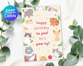 Niedliche Katzen Geburtstag Grußkarte Vorlage, Niedliche Kätzchen Grußkarte, Niedliche Kinder alles Gute zum Geburtstag Karte, bearbeitbar, druckbar, alles Gute zum Geburtstag