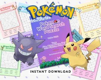 Pokémon Word Search Puzzle Printable, Fun Game, Kids Activity Sheet, Brain Teaser, Instant Download PDF, With Answers