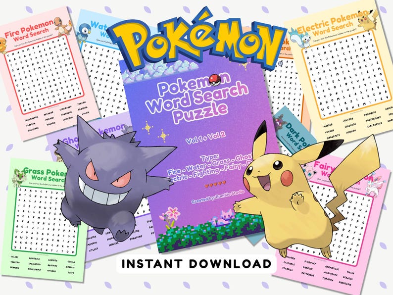 May include: A collection of Pok&eacute;mon-themed word search puzzles. The image features a central book titled "Pokemon Word Search Puzzle" with various Pok&eacute;mon characters and word search sheets. The text "Instant Download" is also visible.