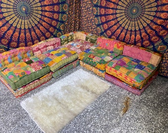 Indian Kantha Vintage Sofa Handmade Patchwork Floor Sofa Bohemian Sofa Indian Modular 5 seater Sofa Ethnic Multicolored Ottoman Custom size