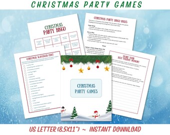 Op de afbeelding: Een verzameling afdrukbare kerstfeestspellen, waaronder bingo, een speurtocht en geheugenprompts. Het ontwerp bevat feestelijke elementen zoals ornamenten, sterren en sneeuwmannen, met de tekst "Christmas Party Games".