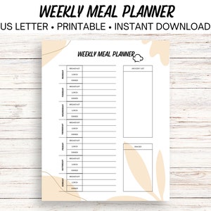 Weekly Meal Planner Printable, Meal Log, Menu Planner, Meal Plan Printable, Weekly Meals, Meal Calendar, Grocery List, Digital Download PDF