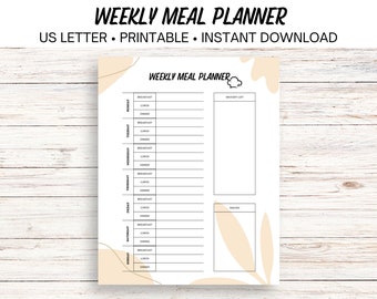 Weekly Meal Planner Printable, Meal Log, Menu Planner, Meal Plan Printable, Weekly Meals, Meal Calendar, Grocery List, Digital Download PDF