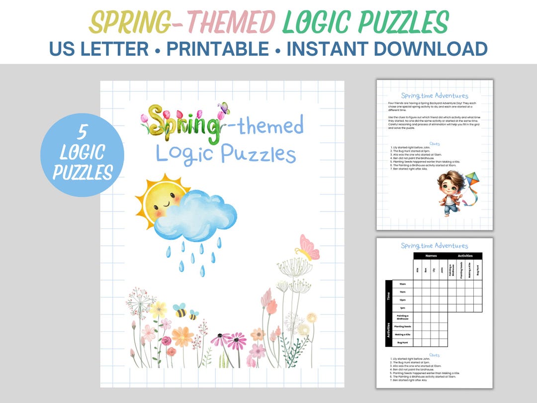Spring Themed Logic Puzzles, Printable Games, Brain Teasers - Etsy