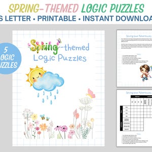 Könnte beinhalten: Ein druckbares Logikrätsel-Set zum Thema Frühling. Das Cover zeigt einen blauen Kreis mit "5 Logic Puzzles" und eine Aquarellillustration von Sonne, Wolke und Blumen. Der Text lautet "Spring-themed Logic Puzzles".