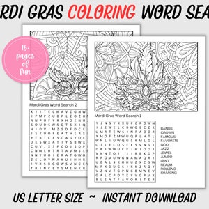 May include: Black and white printable coloring pages featuring Mardi Gras word searches. The pages include a decorative mask and intricate patterns. The word searches include words like "bands", "crown", "famous", "favorite", "god", "jazz", "jewel", "jumbo", "lent", "realm", "rolling", and "sharing".