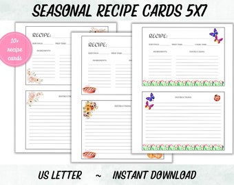 Recipe Cards, Seasonal Recipe Cards, Printable Recipe Cards, 5x7 Recipe Cards, Blank Recipe Cards, Decorative Recipe Cards
