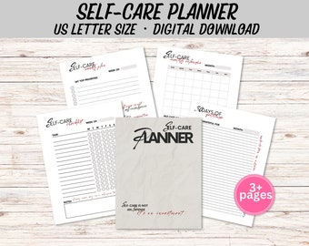 May include: A printable self-care planner with a rustic background. The planner includes pages for weekly checklists, monthly reflections, and gratitude journaling. The text "Self-Care Planner" is written in black with a white outline. The text "Self-Care is not an expense, it's an investment" is written in red. The text "3+ pages" is written in pink.