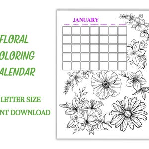 Floral Coloring Calendar, Undated Coloring Calendar, Flower Calendar, Undated Calendar, Coloring Pages