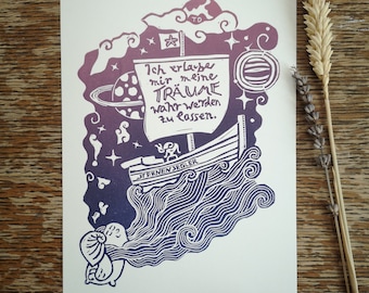 Hand-printed affirmation card - lino print motivation positive saying - gift for yoga friends - maritime sailing ship sea