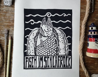Maritime lino print fish handmade fish rolls, unique and handmade, North German wall decoration picture for the living room kitchen, ahoy