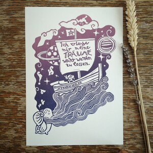 Biglietto di conferma stampato a mano - stampa su linoleum con scritta positiva - regalo per gli amici dello yoga - veliero marittimo