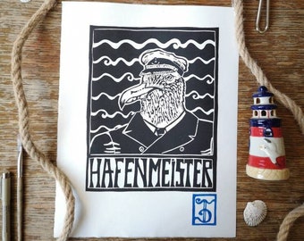 Linoprint maritieme havenmeester zeemeeuw in kapitein look, uniek en handgemaakt, wanddecoratie foto voor matrozen, kustkinderen, zeevarenden, ahoi
