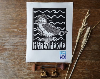 Maritime lino print handmade seagulls lady lady elegant, unique and handmade, wall decoration picture for coastal children and coastal deers