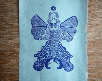 Hand printed mermaid card - lino print angel woman art nouveau - gift for mother and sister - Valentine's Day maritime decoration