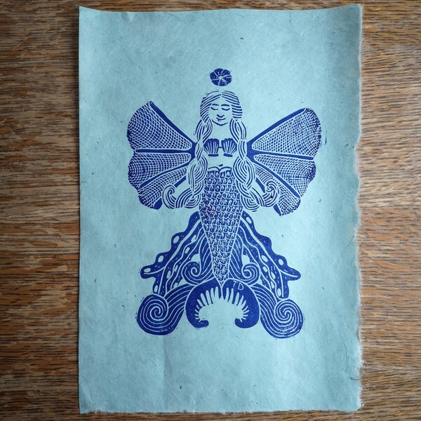 Handgedruckte Meerjungfrau Karte - Linoldruck Engel Frau Jugendstil - Geschenk für Mutter und Schwester - Valentinstag martime Deko