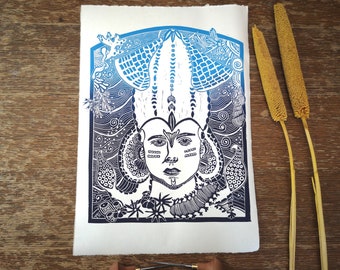 Large Linocut Print Sea Goddess - Mystical Wall Art Print - Handmade Linocut for Nautical Decoration