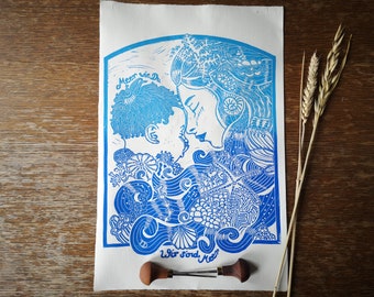 Mermaid Lino Print, Large Wall Art Linocut Wall Painting Mural for Bedroom Office Housewarming Gift for Mom Wife Friends