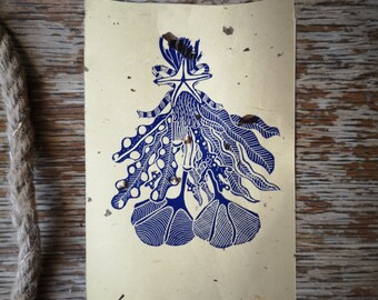 Hand-printed Christmas card - lino print mistletoe seaweed starfish - gift for mother and sister - Christmas martime decoration