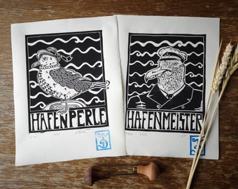 Lino print set maritime seagull lovers captain and lady, unique and handmade, wall decoration picture for sailors coastal children Valentine's Day